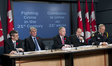 Dave MacKenzie, Parliamentary Secretary to Canada's Public Safety Minister (second from left); shown with (from left), Charles Momy, President, Canadian Police Association; the Honourable Rob Nicholson, Minister of Justice and Attorney General of Canada; Daniel Petit, Parliamentary Secretary to the Minister of Justice; and William Blair, Chief of Police, Toronto Police Service