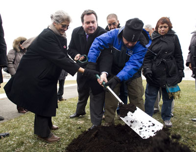 The Honourable Jason Kenney, Minister of Citizenship, Immigration and Multiculturalism (second from left), on behalf of the Honourable Vic Toews, Canada's Minister of Public Safety, breaks ground on the final of four memorials dedicated to the victims of the Air India flight 182 bombing, along with Jayashree Thampi, representing the Air India Families Victims Association (left), and Professor Mahesh Sharma, Sunday, December 5, 2010, in Montreal.