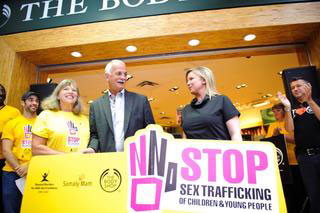 Public Safety Minister, Vic Toews (centre), today reaffirmed the Government of Canada's commitment to the global fight against human trafficking. He made his comments at an event organized by Beyond Borders Inc. at a Body Shop store in Ottawa on Wednesday, August 30th, 2011. He was accompanied by Roz Prober, Co-Founder, Beyond Borders Inc. (left) and Bonnie MacDonald, General Manager for The Body Shop Canada