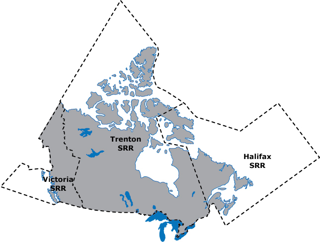 Map of Canada with the bounderies of areas where Canada is responsible for search and rescue