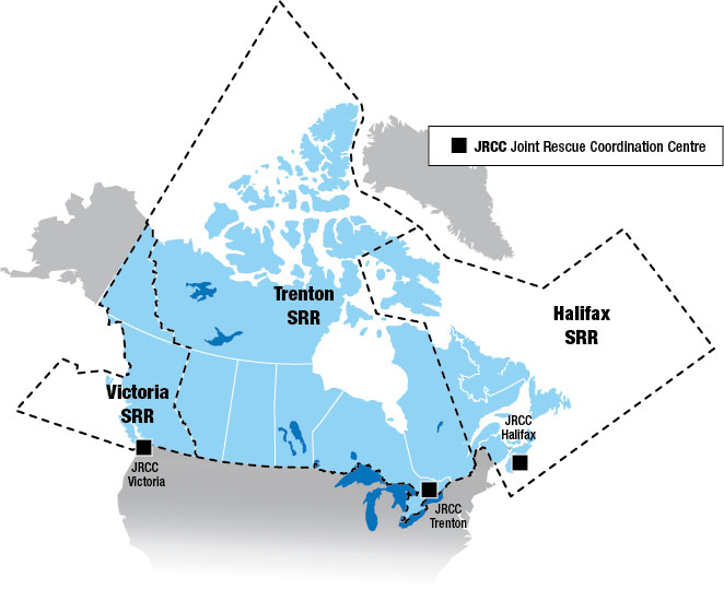Map of the three Canadian Joint Rescue Coordination Centres located in Victoria, British Columbia, Trenton, Ontario, and Halifax, Nova Scotia and their respective search and rescue regions.