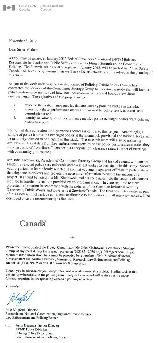 Letter from Julie Mugford, Director Research and  National Coordination, Organized Crime Division, Law Enforcement and  Policing Branch, Public Safety  Canada